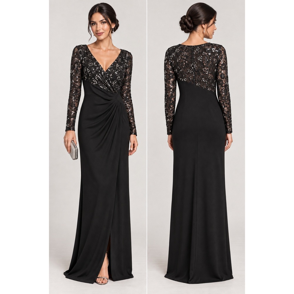 Lauren Ralph Lauren Evening Black Sequin Lace FauxWrap Long Sleeve 6 Maxi Dress